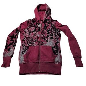 Vanity Floral Zip Hoodie Y2K Grunge Roses Burgundy Medium  Floral